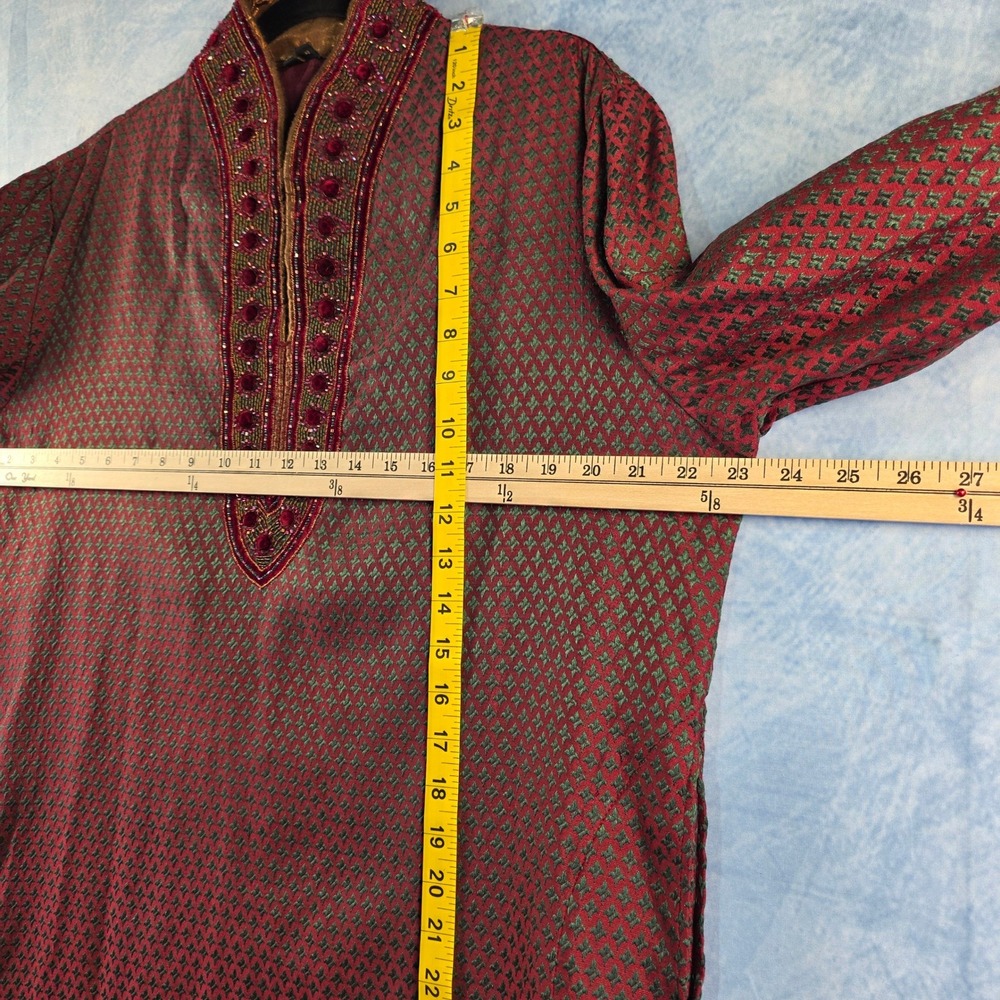 Mens Red Green Woven Kurta Tunic Embroidered Velvet Beadwork Traditional 105 - Picture 9 of 13